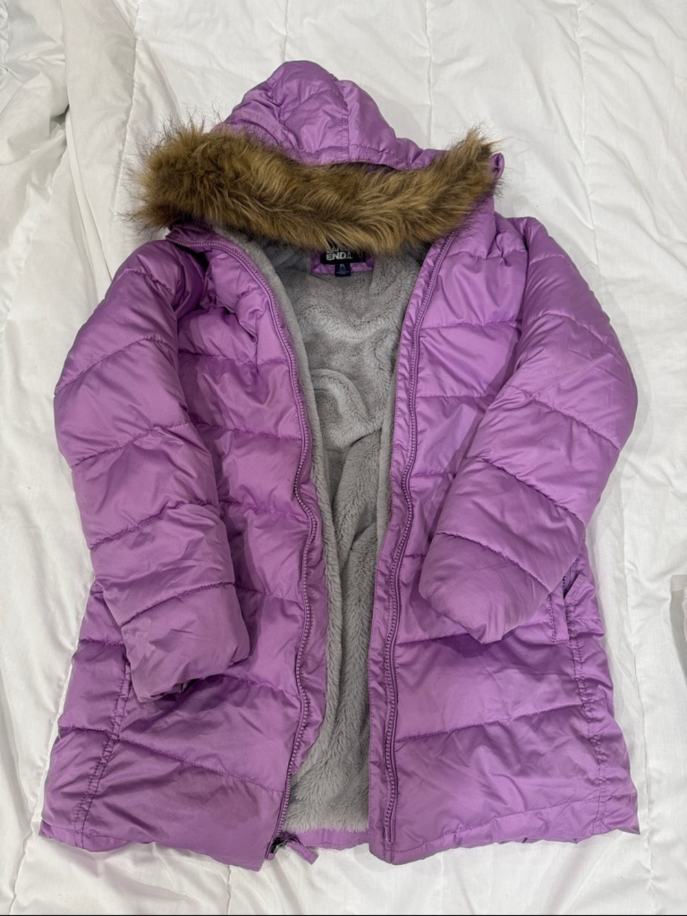 Lands' End Plush Faux Fur Lined Jacket in Light Gray with Lavender Label